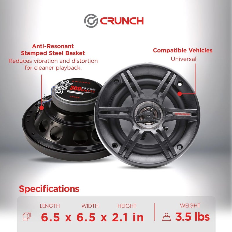 Crunch 2 Pack 6.5 Inch Car Audio Speakers, 300 Watt MAX 3 Way Full Range Speaker Set with 1 Inch Tweeter & Spade Terminal Connectors, CS-653 - Image 4